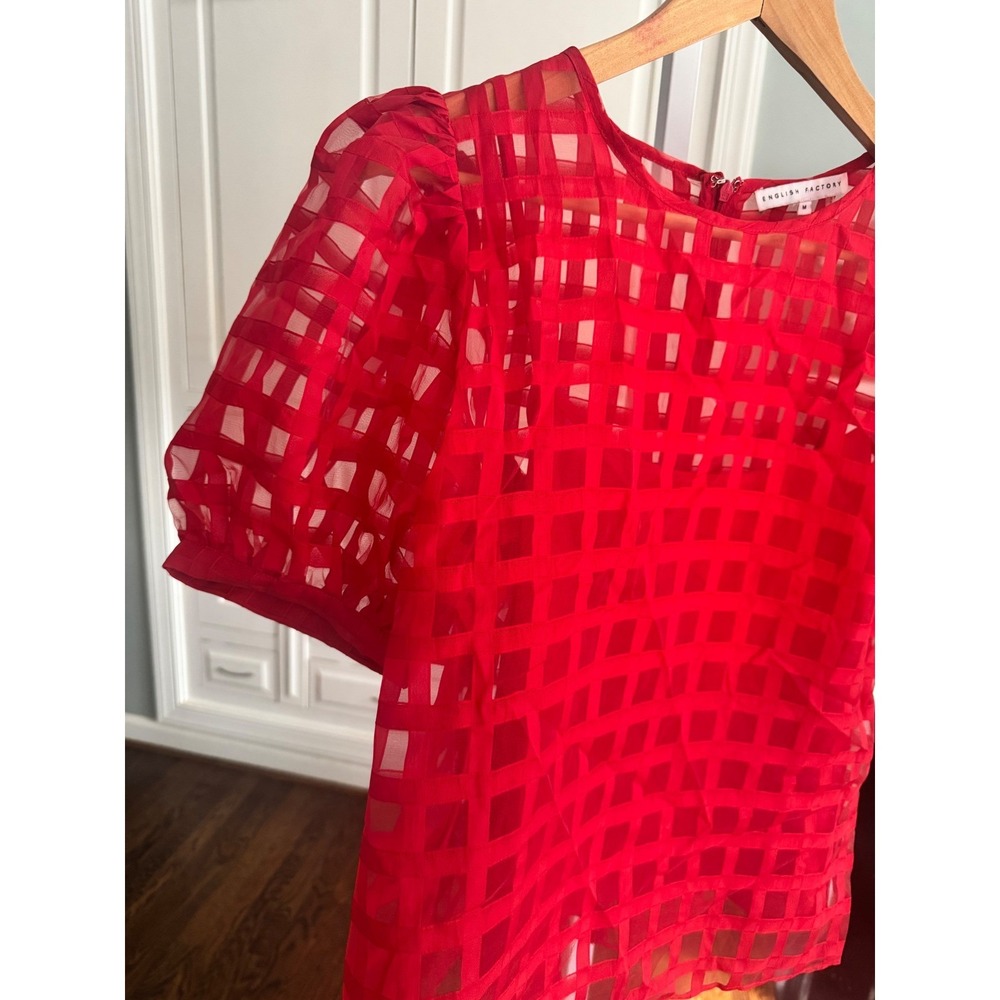 Red Puff Sleeve Grid-Pattern Top - Picture 6 of 11